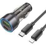 Eldenör HOCO NZ12A Action PD43W USB + Type-C Araç Çakmaklık Hızlı Şarj Aleti + Type-C to iPhone Lightning Ka-(5775)