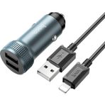 Eldenör HOCO Z49 Çift USB Girişli Araç Şarj Başlık + USB To iPhone Lightning Kablo-(5775)