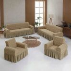 Eldost Ticaret Jakarlı Şal Desen 3+3+1+1 Koltuk Örtüsü Takımı Vizon Esnek Likralı Kılıf - 180 x 230 cm