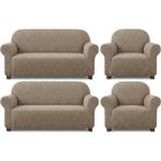 Eldost Ticaret Jakarlı Su Yolu 3+3+1+1 Koltuk Örtüsü Takımı Vizon Esnek Likralı Kılıf - 180 x 230 cm