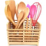 Elegancev Standlı Silikon-Ahşap Kepçe Kaşık Spatula Servis SETİ-10PRÇ