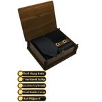 Elegante Cravatte Ahşap Kutulu Micro Desen Siyah Kravat - Cep Mendili - Kol Düğmesi - Çorap Seti