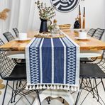 ELEGANTE HOME Tül Dantel Örgü Pamuklu Runner - Lacivert Püsküllü Runner, 35x150 cm Pamuklu Krem Masa Runner, Çaprazlı runner, Homemade runner, Mavi&Beyaz Runner