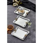 Elegante Square Serisi, Duo Fiore Nero Kulp Desenli Krom Sunum Söz Nişan Tepsisi, 22CM, 3 Adet - 22 cm