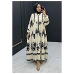 ELEGANTSTİL VİSKON KUMAŞ BOL KALIP KREM TESETTÜR ELBİSE ETNİK DESENLİ