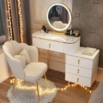 ElegantVanity Masa Seti, Ayarlanabilir Dolap ve Yastıklı Tabure ile 3 Aydınlatma Modu Ev Yatak Odası Stüdyosu için Makyaj Masası, Beyaz ve Altın 80 cm/31.5"