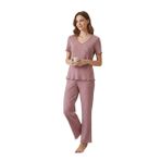 elemge Kadın Bambulu Mevsimlik Pijama Takımı Gül Kurusu Regular Fit Alt Üst Takım Kısa Kol Lastikli Esnek V Yaka 2'li Takım Cepsiz (Gül Kurusu, L)
