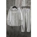 Elfa Tekstil NASA Ön Baskılı Kapüşonlu Oversize Gri Sweatshirt Ve Gri Eşofman Alt Üst Takımı