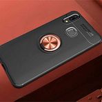 Elfia Samsung Galaxy A10S ile Uyumlu Silikon Yüzük Standlı Mıknatıslı Kılıf, Ravel Siyah-Rose Gold