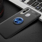 Elfia Samsung Galaxy A20S ile Uyumlu Silikon Yüzük Standlı Mıknatıslı Kılıf, Ravel Siyah-Mavi