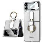 Elfia Samsung Galaxy Z Flip 3 ile Uyumlu Kamera Lens Korumalı Yüzüklü Standlı Sert Silikon Kılıf, Gümüş