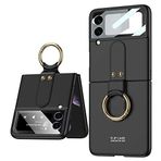 Elfia Samsung Galaxy Z Flip 3 ile Uyumlu Kamera Lens Korumalı Yüzüklü Standlı Sert Silikon Kılıf, Siyah