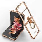 Elfia Samsung Galaxy Z Flip 3 ile Uyumlu Şeffaf Kamera Lens Korumalı Yüzüklü Standlı İnce Sert Silikon Kılıf, Gold