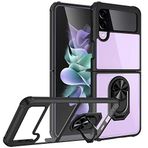 Elfia Samsung Galaxy Z Flip 3 ile Uyumlu Silikon Şeffaf Yüzük Mıknatıslı Standlı Kılıf, Mola Siyah