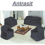 Elhoş 3+3+1+1 Bürümcük Koltuk Takımı Örtüsü. Etekli Streç Esnek Lastikli Çekyat Kanepe Kılıfı - 180 x 230 cm - Antrasit