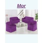Elhoş 3+3+1+1 Bürümcük Koltuk Takımı Örtüsü. Etekli Streç Esnek Lastikli Çekyat Kanepe Kılıfı - 180 x 230 cm - Mor
