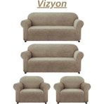 Elhoş 3+3+1+1 Dokuma Jakar Koltuk Örtüsü. Lastikli, Esnek, Yıkanabilir Koltuk, Kanepe, Çekyat Örtüsü - 180 x 230 cm - Vizon