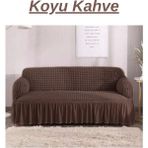 Elhoş Bürümcük 3 Kişilik Koltuk Örtüsü. Etekli Streç Esnek Lastikli Çekyat Kanepe Kılıfı - 180 x 230 cm - Koyu Kahverengi