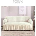 Elhoş Bürümcük 3 Kişilik Koltuk Örtüsü. Etekli Streç Esnek Lastikli Çekyat Kanepe Kılıfı - 180 x 230 cm - Krem