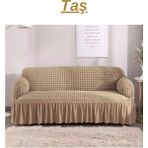 Elhoş Bürümcük 3 Kişilik Koltuk Örtüsü. Etekli Streç Esnek Lastikli Çekyat Kanepe Kılıfı - 180 x 230 cm - Taş Rengi