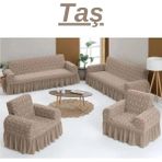 Elhoş Jakarlı 3+3+1+1 Koltuk Takımı Örtüsü. Lastikli, Esnek, Yıkanabilir Koltuk, Kanepe, Çekyat Kılıfı - 180 x 230 cm - Taş Rengi