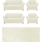 Elhoş Likrali 3+3+1+1 Lastikli Koltuk Takımı Kılıfı. Çekyat Koltuk Örtüsü Streç Esnek Kanepe Kılıfı - 180 x 230 cm - Krem