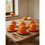 Elif Aksesuar 6’lı Pumpkin Balkabağı Desenli Fincan Takımı - Kapaklı ve Ayaklı Model - Turuncu - Altın - 90 ml