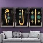 Elif Lam Mim-5 Temalı Aynalı Çerçeveli 3 lü Kanvas Tablo Seti 150x70 cm SETS0032