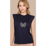 Elif Naz Moda Evi Lacivert Kolsuz Kelebek Nakışlı Oversize Vatkalı T-shirt