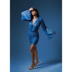 Elif Naz Moda Evi Mavi Payetli Cut Out Detaylı Geniş Kol Mini Elbise