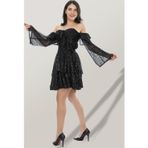 Elif Naz Moda Evi Siyah Güllü Fırfırlı Elbise