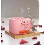 Elifeshop Hayat Ağacı Desenli Mıknatıslı Bambu Stantlı Seramik Kahve Kupası 200 ml - Pembe
