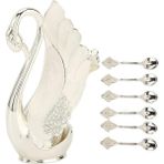 Elifeshop Lüks Iskandinav Kuğu Tutuculu 6’lı Tatlı Kahve Çay Kaşığı Seti Kristal Taş Detaylı Gümüş Set