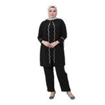 ELİFNAZ KADIN BÜYÜK BEDEN PETEK KUMAŞ PANTOLONLU İKİLİ ANNE ABİYE TAKIM Siyah
