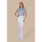 Elifnaz Moda Evi Hologram Payetli Uzun Çan Etek - Beyaz - 36