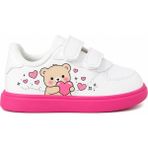 Elinde Love Kalp Tutan Ayıcık Beyaz Pembe Taban Bantlı Çocuk Spor Ayakkabı Sneaker - Beyaz - Fuşya