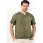 Eliş Şile Bezi Bora Düğmeli V Yaka Kısa Kol Poplin Erkek Tişört | Yazlık Erkek Tshirt Açık Haki Ahk - 2XL