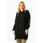 Eliş Şile Bezi Uzun Kol Deste Gömlek Yaka Yazlık Müslin Tunik, 2XL, 552.02, Siyah, Kadın