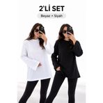 ELİSSE Kadın 2’li Set Oversize Basic Uzun Kollu Tişört Beyaz Siyah Salaş Rahat Kalıp