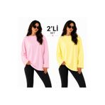 ELİSSE Kadın 2’li Set Oversize Basic Uzun Kollu Tişört Pembe Sarı Salaş Rahat Kalıp