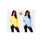 ELİSSE Kadın 2’li Set Oversize Basic Uzun Kollu Tişört Sarı Mavi Salaş Rahat Kalıp