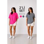 ELİSSE Kadın Oversize Basic Tişört 2’li Set – Rahat Kalıp Günlük Şık Kombin Penye Kumaş (Fuşya & Lacivert Çizgili)