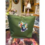 elisss bag Duck Keten Pamuk Kumaş Kedi Figürlü Yeşil Çıtçıtlı Piknik Çantası Plaj Çantası Bebek Çantası Günlük Çanta - 42x35 cm