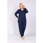 Elit Kadın Büyük Beden Yaka Düğmeli Uzun Kollu Penye Anne Lacivert Pijama Takımı