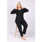 Elit Kadın Büyük Beden Yaka Düğmeli Uzun Kollu Penye Anne Siyah Pijama Takımı