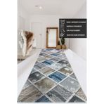 Elit Kahve Mavi Geometrik Desenli Yıkanabilir Kaymaz Taban Kesme Yolluk Halı - Kahve - Mavi - 80 x 560 cm