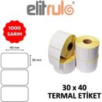 Elit Rulo Elitrulo Termal Barkod Etiketi 30x40 mm 1000 Adet Rulo Özellikli Beyaz Etiket