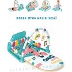Elite Bebek Oyun Halısı Piyanolu, Gökkuşağı Dinozor Desenli 73 cm Sesli Dönenceli Bebek Halısı 1 Adet - Beyaz - Mavi - 73 x 53 cm