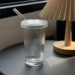 Elite Çeyiz Avm Pipetli Cam Kapaklı Origami Stil Isıya Dayanıklı Borosilikat Cam Kapak ve Pipetli Origami Şekilli Bardak Kahve Sunum Bardağı - Şeffaf - 400 ml