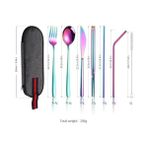 Elivora 8 Parça Çantalı Yolculuk Çatal Bıçak Kaşık Pipet Chopstick Seti Kamp Okul Ofis Tatil Paslanmaz Çelik Renkli - 01P-Pembe